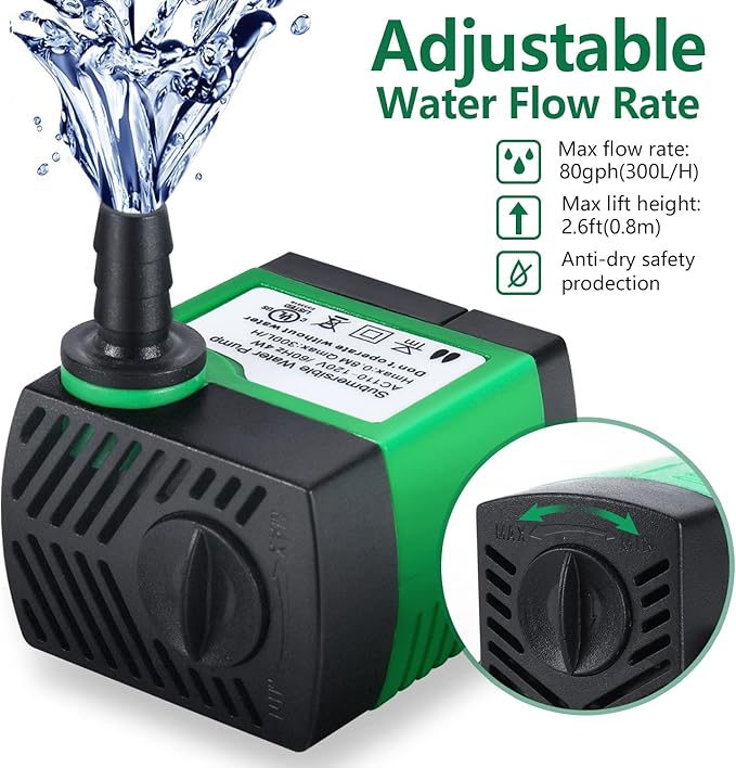 2 Pack 80GPH (4W 300L/H) Submersible Water Pump with 4.9ft Tubing (1/3-Inch ID), 3 Nozzles for Aquarium, Pond, Fish Tank, Hydroponics - Bloomnest