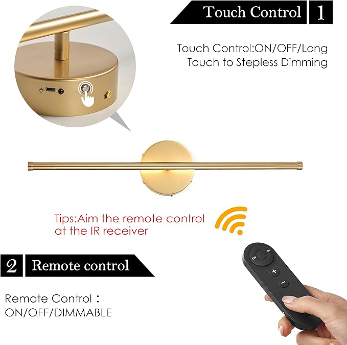 Battery Operated Wall Sconces, Dimmable Wall Sconces Set of Two, 350°Rotate, 3000K LED Gold Wireless Wall Light for Living Room, Bedroom, Hallway, 20.4 Inch (2 Pack) - Bloomnest