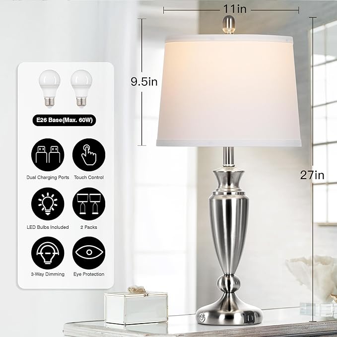 Metal Table Lamps Set of 2, 3 Way Touch Control Silver Bedside Lamps with USB A+C Ports, Modern Brushed Nickel Nightstand Lamps for Bedroom Living Room - Bloomnest