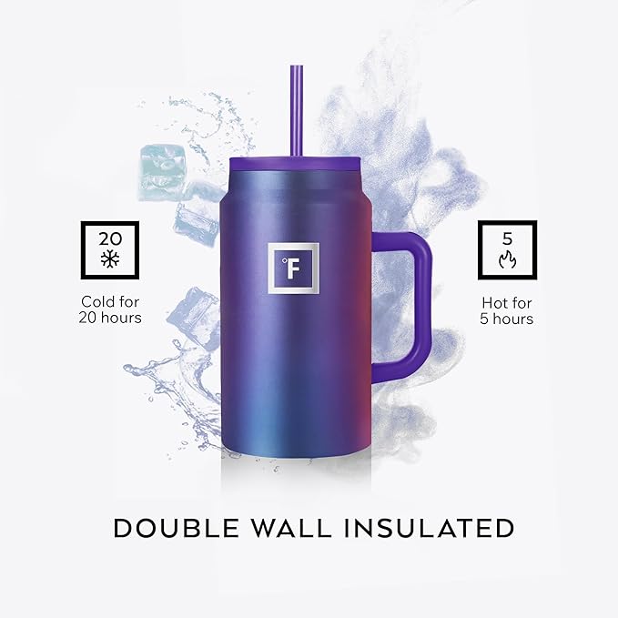 IRON °FLASK Co-Pilot Insulated Mug w/Straw & Flip Cap Lids - Cup Holder Bottle for Hot, Cold Drink - Leak-Proof - Water, Coffee Portable Travel Mug - Lavender, 50 Oz - Bloomnest