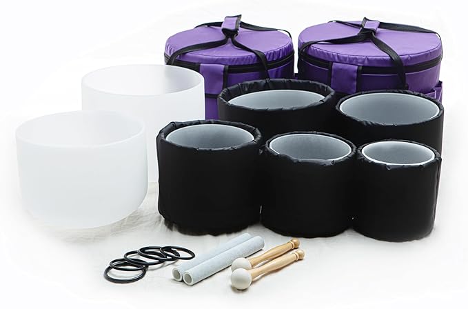Leize Crystal Singing Bowl with Carrying Case, White, Set of 7 size 6-12" A-G Note 432 hz - Bloomnest