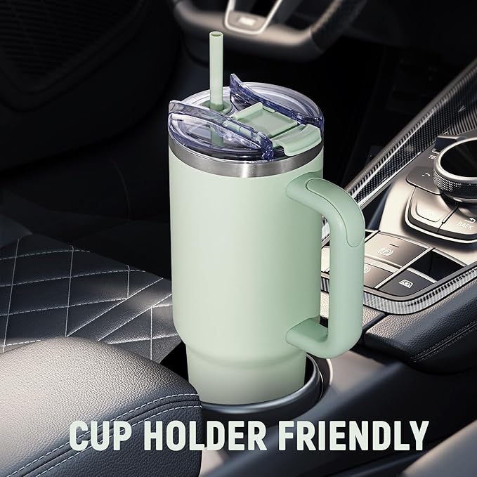 40 oz Tumbler with Handle and Straw Lid,Insulated Reusable Stainless Steel Water Bottle Travel Mug，Cupholder Friendly Double Wall Vacuum Sealed Cup (Light Green) - Bloomnest