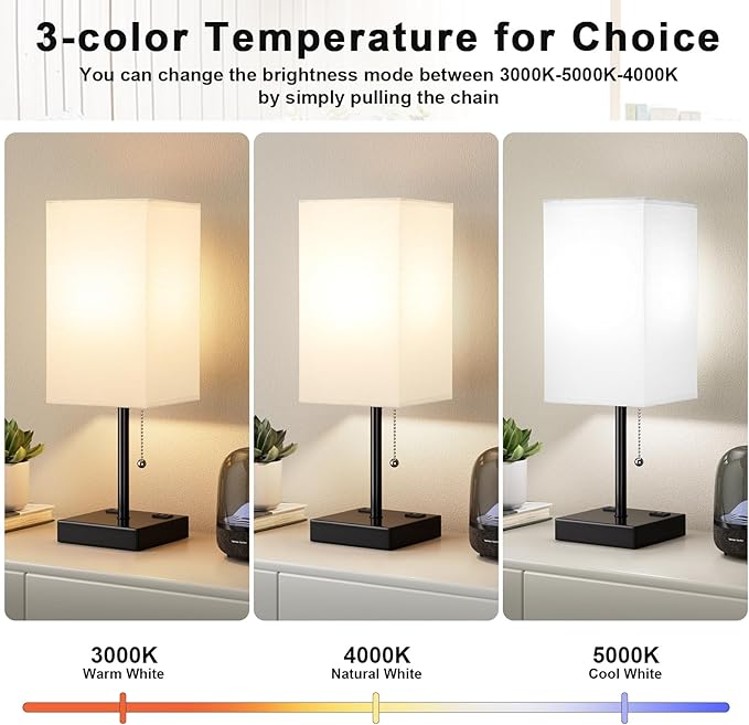Plus Bedside Table Lamps Set of 2 - White Bedroom Lamps with 3 Colors, Square Nightstand Lamp with USB C + A Charging Ports and 2 AC Outlets, Pull Chain Night Light for End Table - Bloomnest