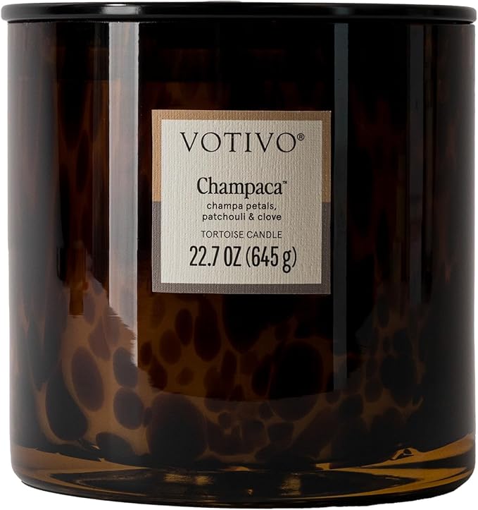 Votivo Champaca Tortoise Scented Candle | 22.7 oz Soy Wax Blend | Patchouli Scent | Decorative Home Decor Tortoiseshell Pattern | 100 Hour Burn Time - Bloomnest