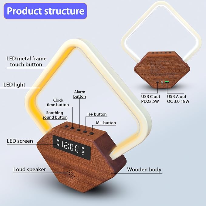 Sunrise Alarm Clock for Bedrooms Heavy Sleepers 15 Sleep Sounds White Noise Machine Baby/Adults 3 Color Table Lamp 10 Ringtones with PD22.5W USB C Fast Charger Birthday Gifts for Women - Bloomnest
