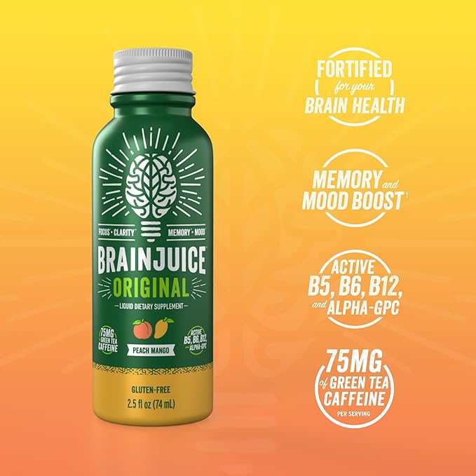 BrainJuice Brain Support Shot, Gluten Free Supplement Shots for Energy & Focus, Healthy Drinks with Alpha GPC, Vitamin B & Organic Green Tea Extract Caffeine, Peach Mango, 2.5 fl oz, 12 Pack - Bloomnest