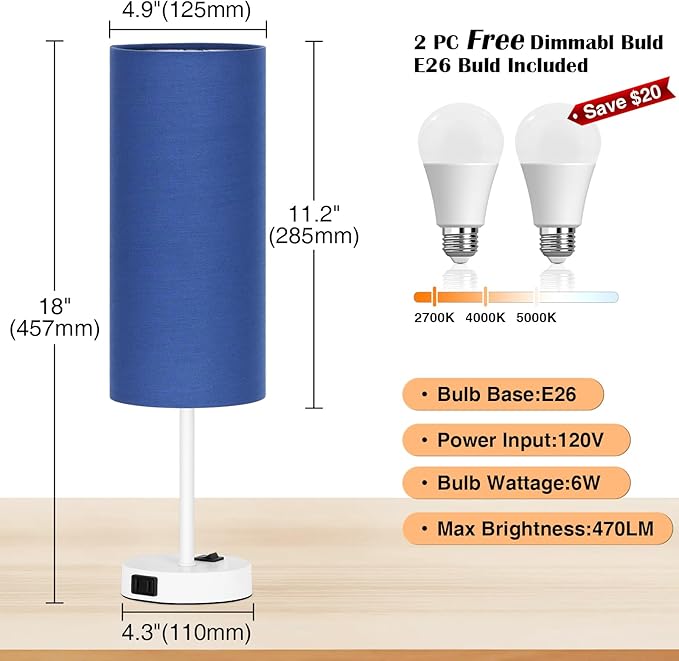 ZJOJO Table Lamp for Bedroom 2 Pack,18in Bedside Lamps with 3 Way Dimmable Rocker Switch & AC Outlet,Nightstand Desk Lamp with Blue Fabric Shade White Base for Living Room Home Decor Lights - Bloomnest