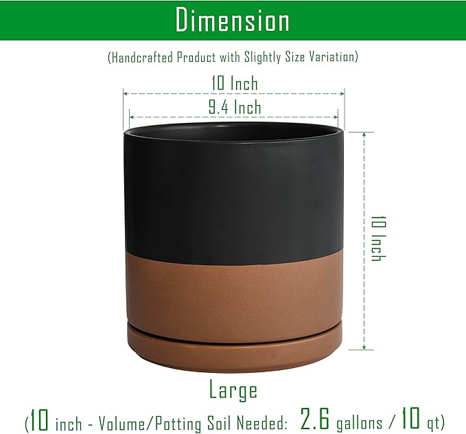 D'vine Dev Set of 2 Plants Pot, 10 Inch Ceramic Planter Pot for Plants with Drainage Hole and Saucer, Black/Speckled Tan, 94-V-E-7 - Bloomnest