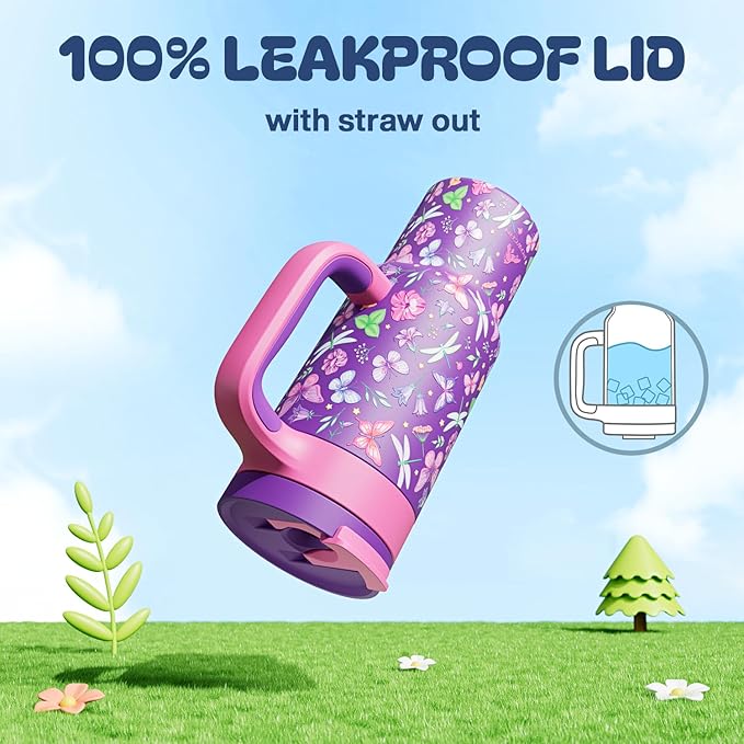 24 oz Insulated Tumbler for Kids: Spill-Proof, 2-in-1 Straw Lid, Cold for 26 Hrs, Stainless Steel Cup with Handle for School, Camping, Gift, Daily, Outdoor, Trip, Travel, Vacation (Butterfly Field) - Bloomnest