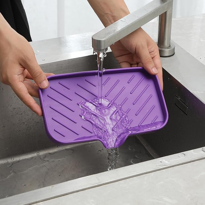 Silicone Bathroom Soap Dishes with Drain Spout-Bathroom and Kitchen Sink Organizer,Sponge Holder,Dish Soap Tray,Perfect for Dispenser,Scrubber,Bottle,Cup on Sink or Counter-Purple 9.6"×5.3" - Bloomnest