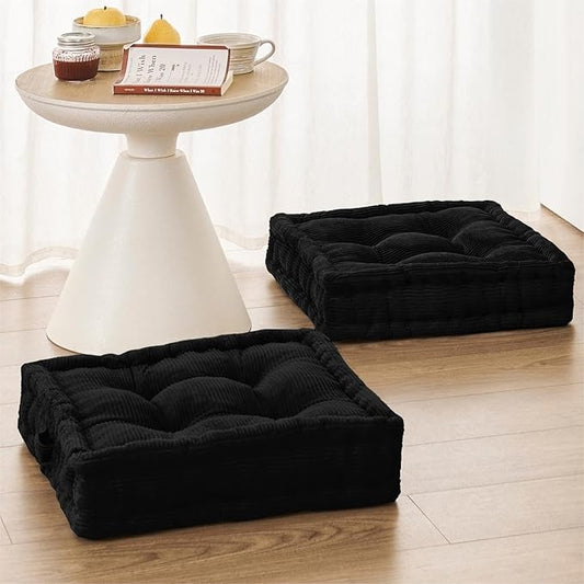 Wellsin Square Floor Pillows for Adults Kids - Meditation Floor Pillow Seating Cushion - Tufted Floor Cushion with Shredded Foam & Velvet Cover, 2 Pack, 20x20 Inch, Black - Bloomnest