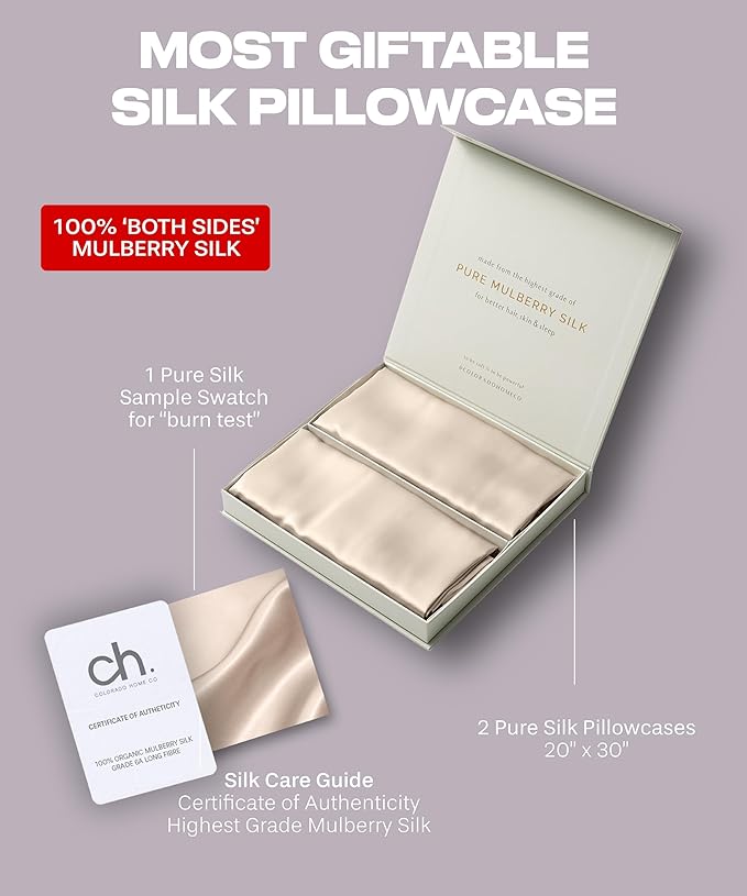 Sunday Silks™ | Silk Pillow Cases 2 Pack | 22 Momme Mulberry Silk Pillowcase Set of 2 | All Sides 100% Pure Silk Slip Pillowcases Bliss for Couples, Zipper | Standard Queen, King Size, 6A [Oat Milk] - Bloomnest