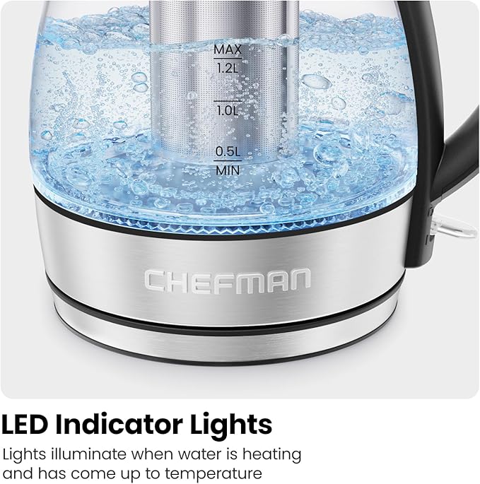 CHEFMAN Electric Kettle - 1.2L 1500W Hot Water Tea Pot with Infuser, BPA Free, Auto Shut Off, Boil-Dry Protection, Removable Lid, LED Light, Cordless Glass Electric Tea Kettle – Stainless Steel - Bloomnest