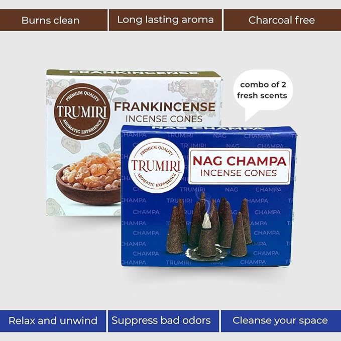 TRUMIRI Incense Cones - Combo Pack of 20 Cone Incense - 10 Frankincense + 10 Nag Champa - Insence Cones - Incense Cones Scented - Cone Incense Scents - Insense Cones - Incent Cone TRUMIRI