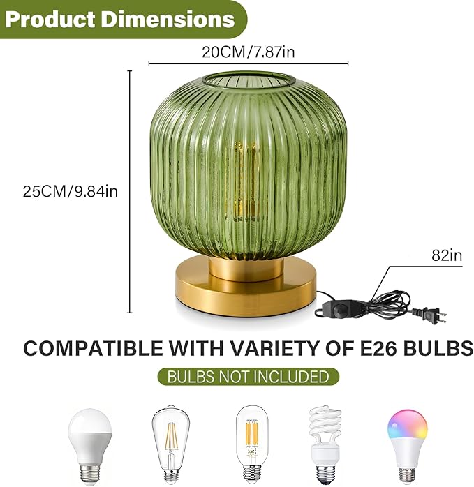 Small Green Glass Table Lamp: Mid Century Modern Dimmable Nightstand Lamps - Vintage Decor Brass Desk Lamp with Plug - Ribbed Glass Bedside Tables Lamps for Bedroom Living Room Office Bulb Excluded - Bloomnest