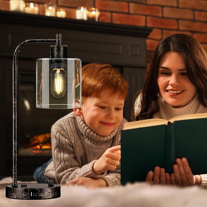Set of 2 Industrial Table Lamps with USB Port, Rustic Black Fully Stepless Dimmable Bedside Lamps for bedrooms, Nightstand Desk Lamps with Clear Glass Shade for Reading Living Room Office 2 LED Bulb - Bloomnest