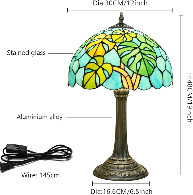 Tiffany Lamp Monstera Deliciosa Style Stained Glass Table Lamp Vintage Monstera Swiss Cheese Plant Bedroom Bedside Light for Home Dorm Office Art Craft Antique Decor 12x12x19 Inches - Bloomnest