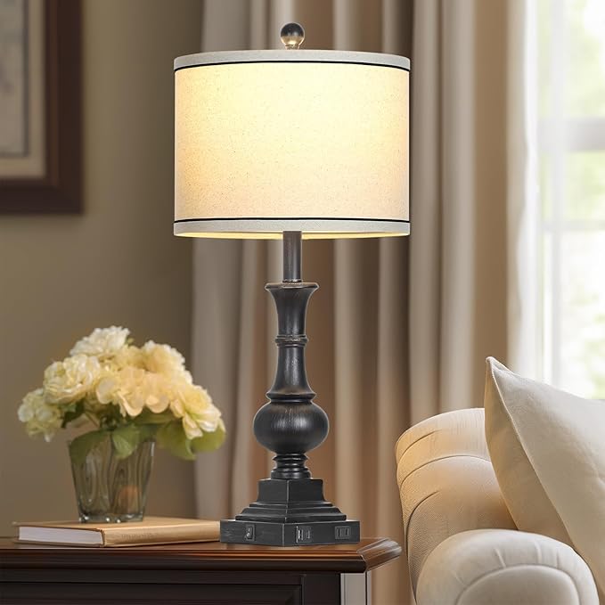 Farmhouse Lamps Set of 2, Antique Vintage Rustic Touch Control Table Lamps with USB A+C Ports & AC Outlet, Retro Classic Bedside Nightstand Lamp for Living Room Bedroom Office Black - Bloomnest