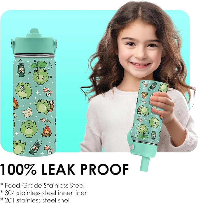 Frog Gifts for Kids - 16oz Cute Green Frog Water Bottle with Straw Lid, Stainless Steel Insulated Tumbler, Leakproof, BPA-Free, for Boys & Girls, School - Animal Frogs Lovers Birthday Gift Cup (1pc) - Bloomnest