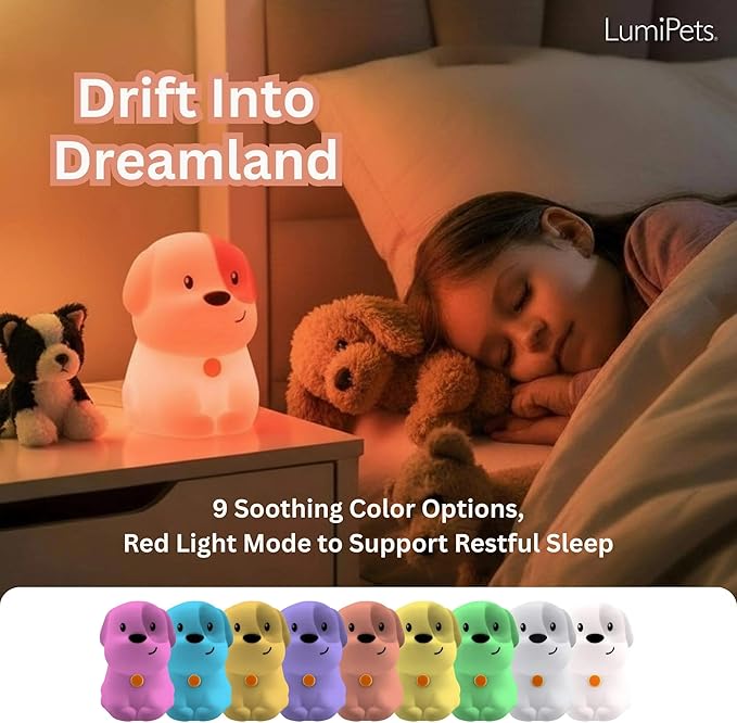 Lumipets Pepper The Puppy Dog Squishy Silicone Night Light for Kids | Cute Night Light with Remote & Touch Control for Baby & Toddler Bedrooms | Color Changing Animal Lamp | Soft Portable Nightlight - Bloomnest