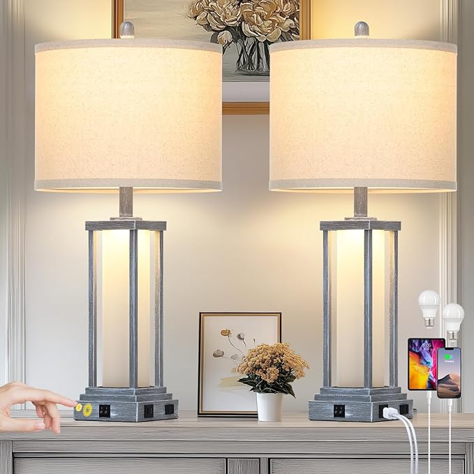 27" Tall Vintage Table Lamp Set of 2 with USB C+A & Outlet,Gray Nightstand Lamp for Living Room,Retro Bedside Lamps with Frosted Glass Night Light for Bedroom Entryway,Grey - Bloomnest