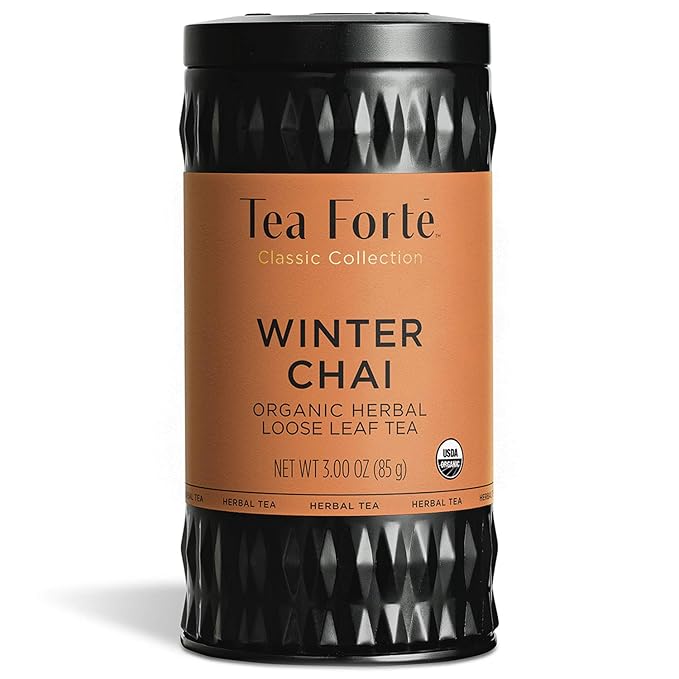 Tea Forte Winter Chai Premium Loose Leaf Caffeine-Free Herbal Tea Blend Canister, Makes 35-50 Cups, Round Canister - Bloomnest