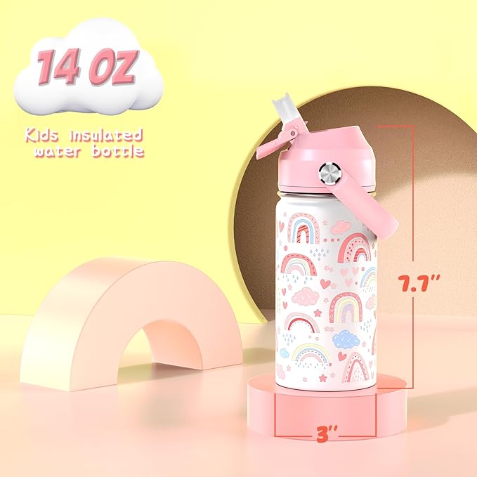 14oz Kids Insulated Water Bottle with Straw Lid - 18/8 Stainless Steel Kid Cup Travel Tumbler Double Wall Vacuum Leak Proof Portable Toddler Water Bottle (Rainbow) - Bloomnest