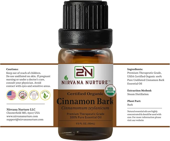 Cinnamon Bark Essential Oil, USDA Certified Organic, 100% Pure Undiluted, Aromatherapy Oil for Diffuser, Hair & Skin Care NirvanaNurture