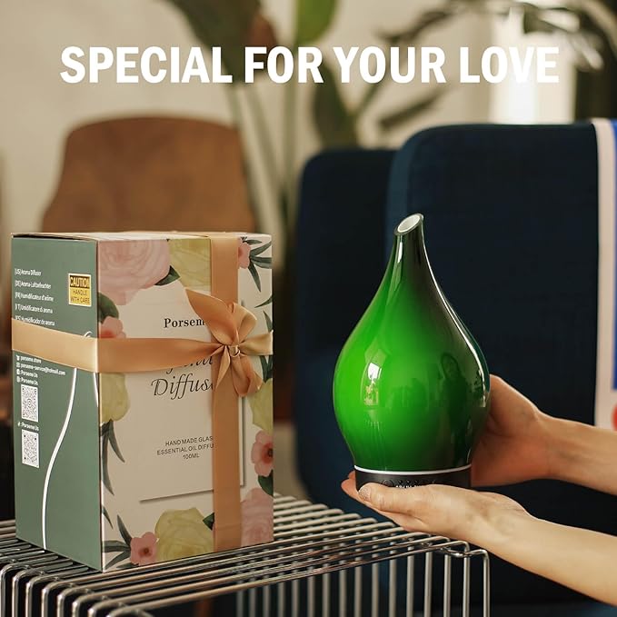 Porseme 150ml Essential Oil Diffuser Glass Color Changing Aroma Air Diffusers Aromatherapy Ultrasonic Cool Mist Humidifier 6 Running Hours Waterless Auto-Off for Sleeping Yoga Office Spa (Hulk Green) Porseme