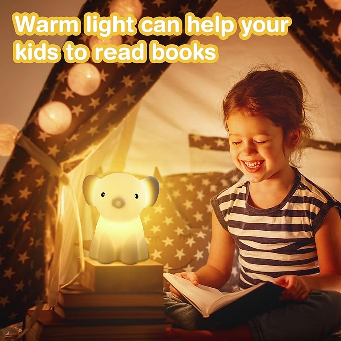 Cute Elephant Night Light for Kids, Adorable Room Decor for Boys Girls Birthday/Christmas Gifts, 5 Color, USB Rechargeable Silicone Night Lamp, Animal Lamp Gift, Safe Nursery Light for Toddlers - Bloomnest