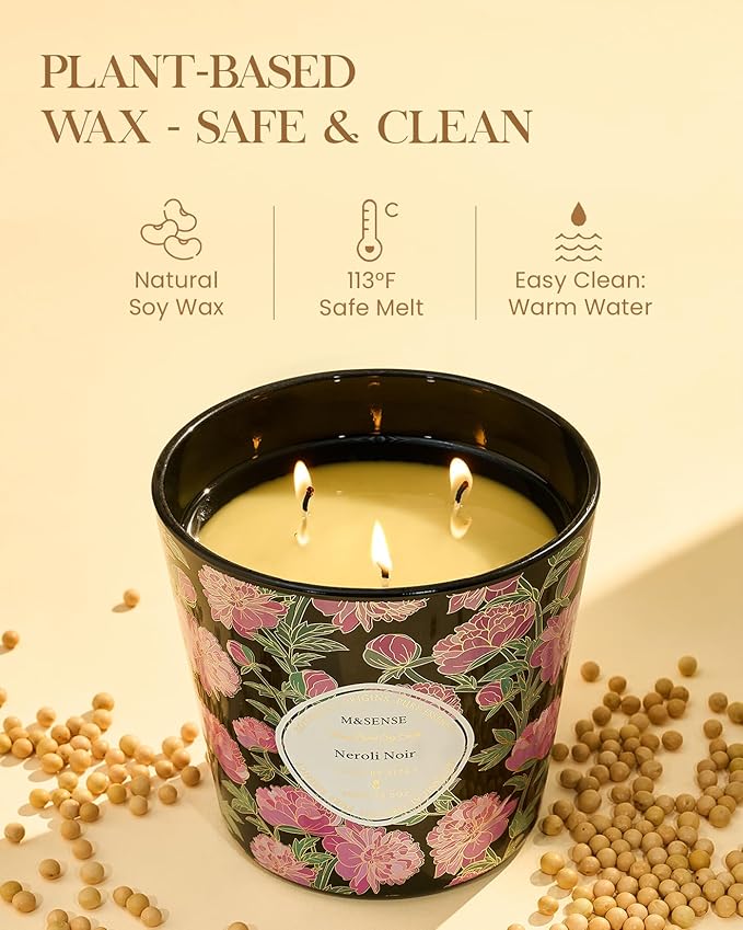 M&SENSE Neroli Noir Scented Candle, 28.2oz 3 Wick Natural Soy Wax Large Candles, Long Lasting Clean Slow Burning No Toxic Décor for Home Relaxation, Romantic Dates & Gift-Giving - Bloomnest