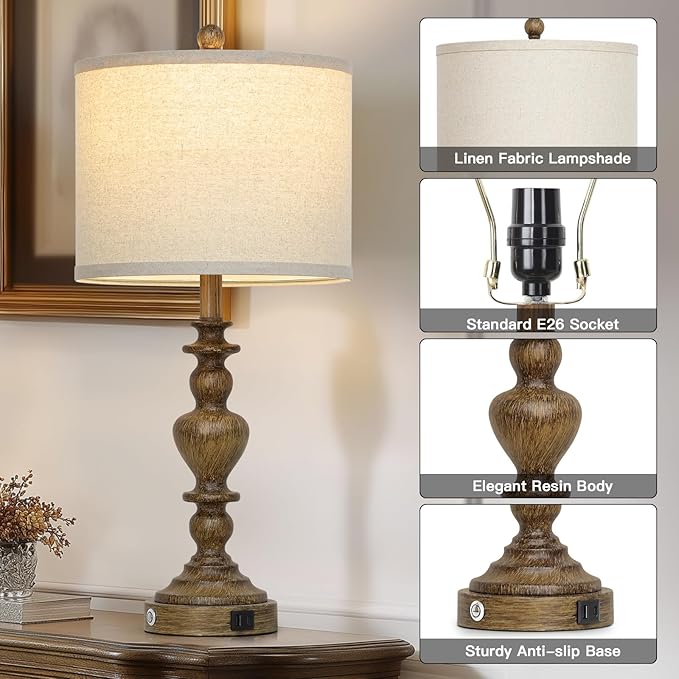 27" Vintage Table Lamps Set of 2, Farmhouse Resin Bedside Lamp with USB C+A Ports & AC Outlet, 3-Way Dimmable Touch Control Lamps for Living Room Bedroom Nightstand Antique Brown Washed Wooden Finish - Bloomnest