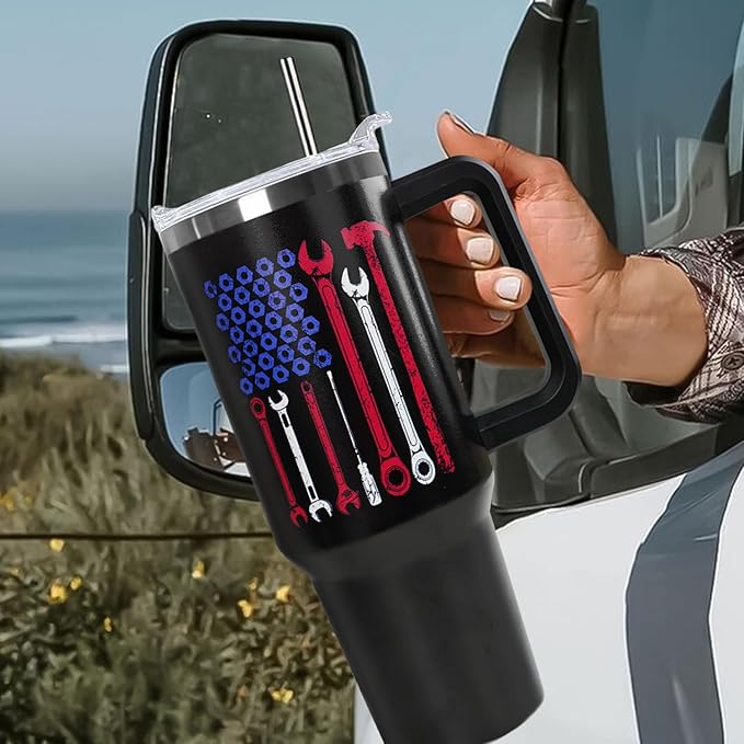 Ceovfoi Mechanic Gifts for Men, 40 oz Mechanic American Flag Stainless Steel Tumbler with Handle Lid and Straw, Mechanic Stuff Supplies Accessories - Bloomnest