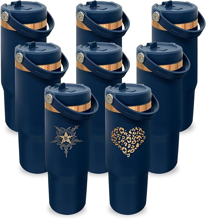 30 oz Tumbler with Handle, Double Wall Vacuum Insulated Tumblers with Flip Straw, Coffee Mug 30oz Powder Coated Cup for Hot and Cold Drinks(Copper Plated, Navy,8 pack)