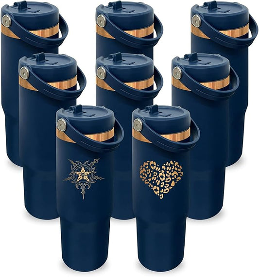 30 oz Tumbler with Handle, Double Wall Vacuum Insulated Tumblers with Flip Straw, Coffee Mug 30oz Powder Coated Cup for Hot and Cold Drinks(Copper Plated, Navy,8 pack)