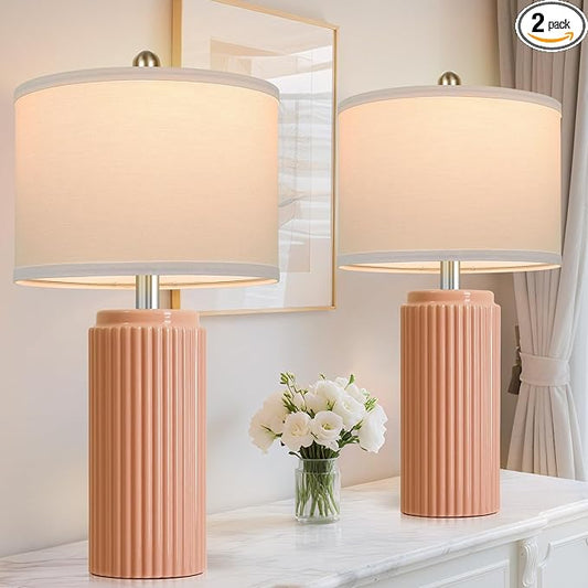 23.5’’ Orange Table Lamps for Bedroom Set of 2, Modern Ceramic Nightstand Lamps for Living Room, Retro Lamps with White Shade Set for Home Office End Table, Farmhouse Bedside Lamps for End Table Dorm - Bloomnest