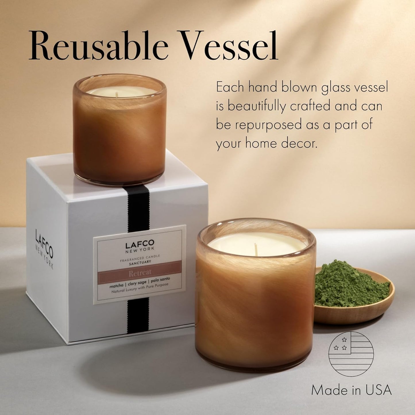 LAFCO New York Signature Candle, Retreat - 15.5 oz - 90-Hour Burn Time - Reusable, Hand Blown Glass Vessel - Made in The USA