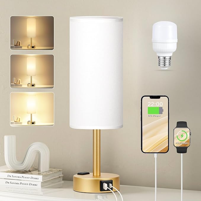 Fenmzee Gold Touch Lamp for Bedroom- 3 Way Dimmable Bedside Lamp USB C A Charging Ports and AC Outlet, Small Table Lamp White Linen Lampshade for Gift, LED Bulb Included - Bloomnest