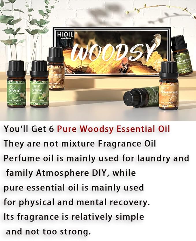 HIQILI Woodsy Fragrance Oil Set for Aromatherapy, Essential Oil Diffuser, Ideal for DIY Candles & Perfume Making, Massage Oil - Cedarwood, Frankincense, Vetiver, Rosewood, Cypress - 6x10ml - Bloomnest