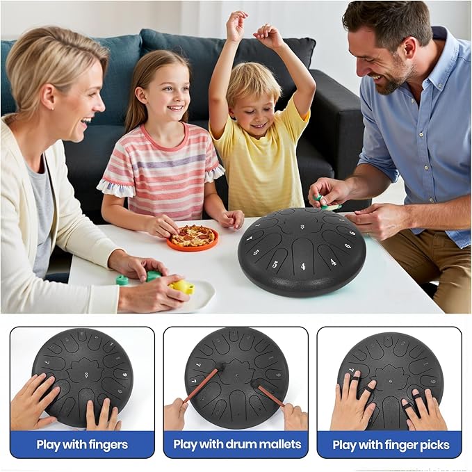 Steel Tongue Drum, 12 Inch 15 Notes Outdoor Rain Drum, Hand Pan Drums, with Music Book, Handpan Drum Mallet, and Carry Bag (Black, 12 Inch)