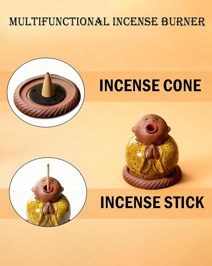 Ceramic Little Monk Incense Burner for Cones & Sticks, Cute Buddha Incense Holder with Mouth Smoke Effect, Zen Home Decor Meditation Gifts - Bloomnest