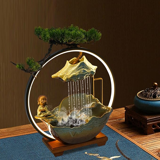 Ceramic Tabletop Fountain with Wood Stand, Indoor Waterfall Feature for Home Office Desk,Desktop Water Fountain Asian Zen Decor with LED Light for Relaxation - Bloomnest
