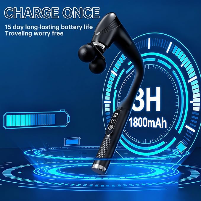 Double-Headed Elbow Massage Gun, Percussion Muscle Massager, Suitable For Sore Muscles In The Back, Shoulders, Waist And Legs, Detachable Extended Handle, 12-Speed Adjustable, 5 Heads Are Replaceable - Bloomnest