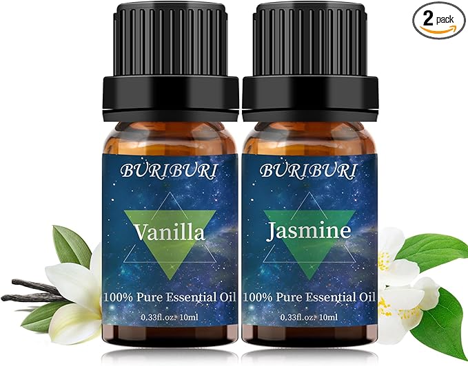 BURIBURI Vanilla Oil and Jasmine Essential Oil, 100% Pure, Undiluted, Natural, Organic Aromatherapy Vanilla Essential Oils Gift Set, 10MLx2 BURIBURI