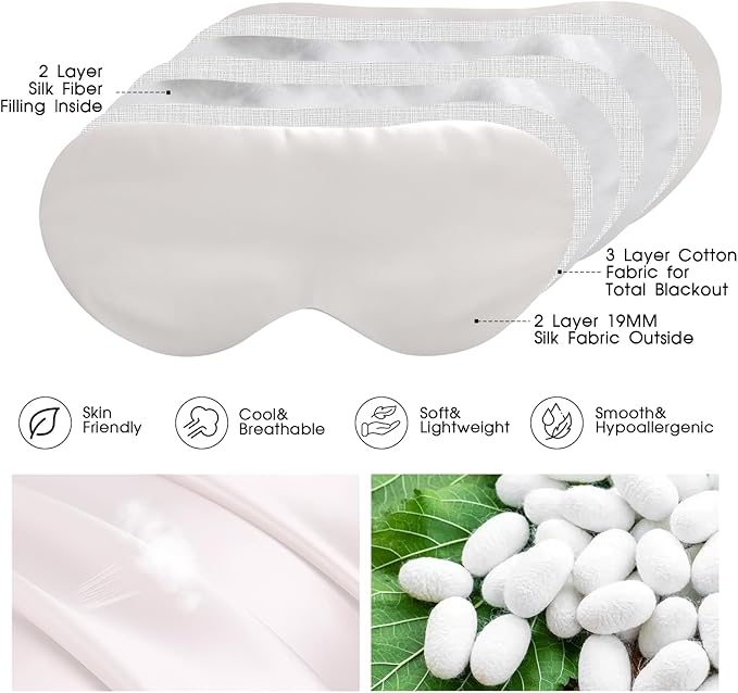100% Mulberry Silk Eye Mask for Sleeping with Silk Wrapped Adjustable Strap,Ivory White - Bloomnest