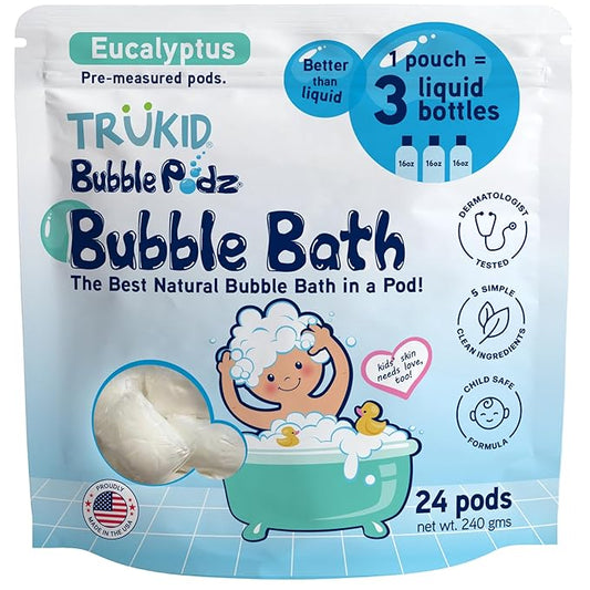 TruKid Bubble Podz Bubble Bath for Kids, Toddlers, & Babies, Tear Free Gentle & Refreshing Bath Bomb for Sensitive Skin with Natural Moisturizers, Non-Toxic, pH Balanced, Eucalyptus Scent (24 Podz) - Bloomnest