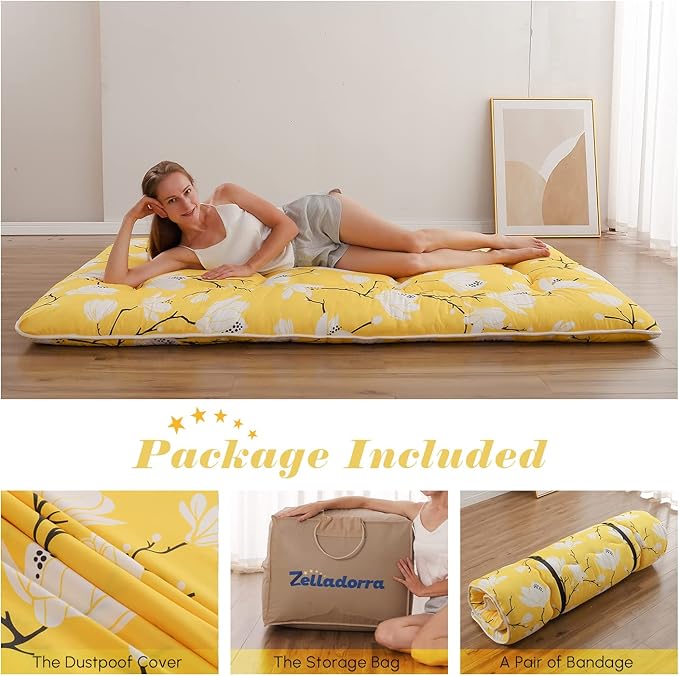 Japanese Floor Mattress, Futon Mattress with Portable Storage Bag and Washable Cover, Roll Up Thick Tatami Mat Suitable for Camping, Guest Room, Yellow Flower, Full - Bloomnest