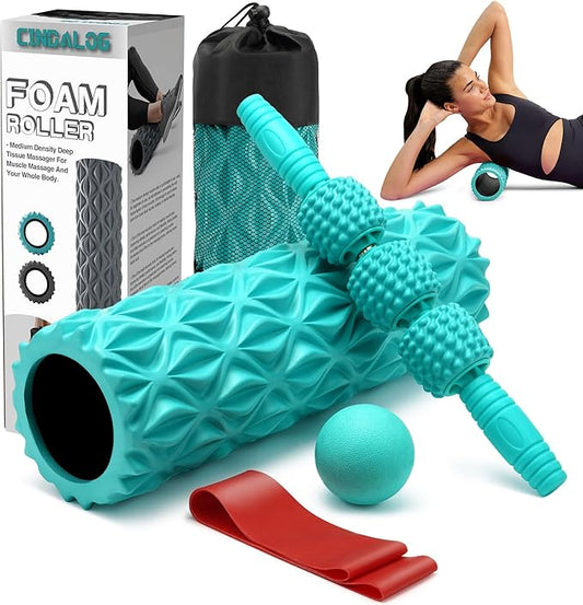 5 in 1 Foam Roller Set - Trigger Point Foam Back Roller, Muscle Roller Stick, Massage Ball, Stretching Band for Deep Muscle Massage Pilates Yoga,Fitness Exercise for Whole Body Release - Bloomnest