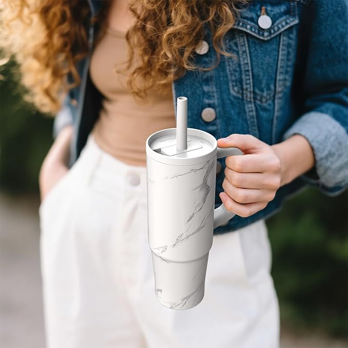 TILUCK 30 oz Tumbler with Handle, Vacuum Insulated Stainless Steel Travel Mug with 100% Leak-Proof Silicone Straw Lid, Cupholder Friendly Water Bottle(Marble, 30oz)