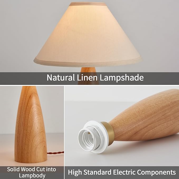 Bedside Table Lamp for Bedroom, Mid-Century Modern Plug in Fabric Shade & Solid Wood Base Desk Lamp, Plug & Play Natural Wood Nightstand Lamp for Living Room, Office, Switch Power Cord 【Bulb Included】 - Bloomnest